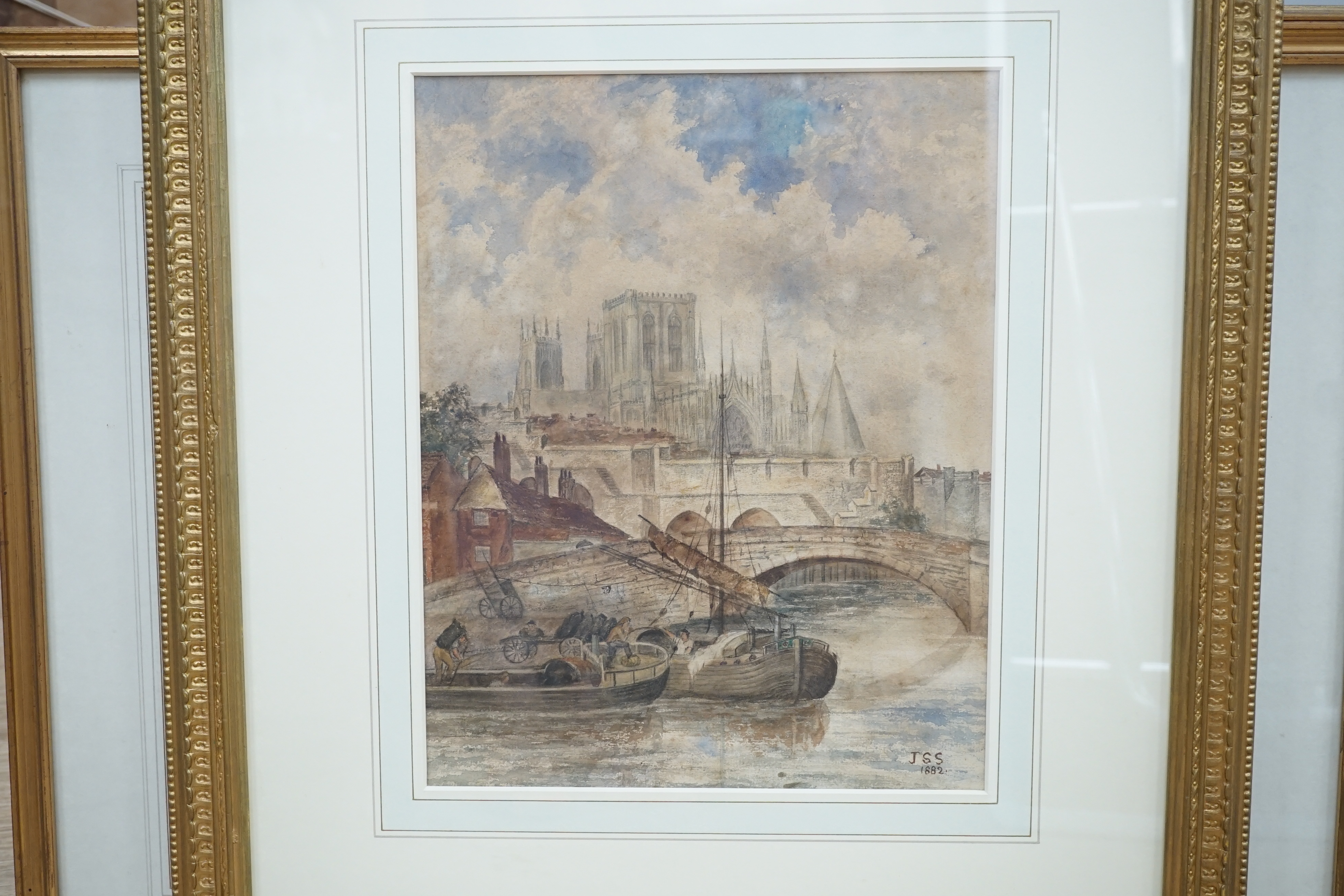 DB, watercolour, View of Whitby harbour, monogrammed, 30 x 53cm, and a watercolour, View of York Minster, initialled JSS and dated 1882, 304 x 27cm and a watercolour pastoral scene